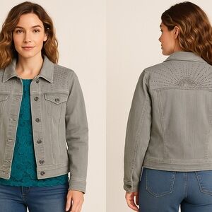 Chico's Platinum Jacket Gray Rhinestones Embellished Denim Stretch Sz 2 Small